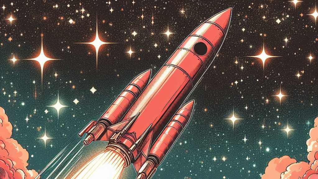 A hot coral rocket travelling in space